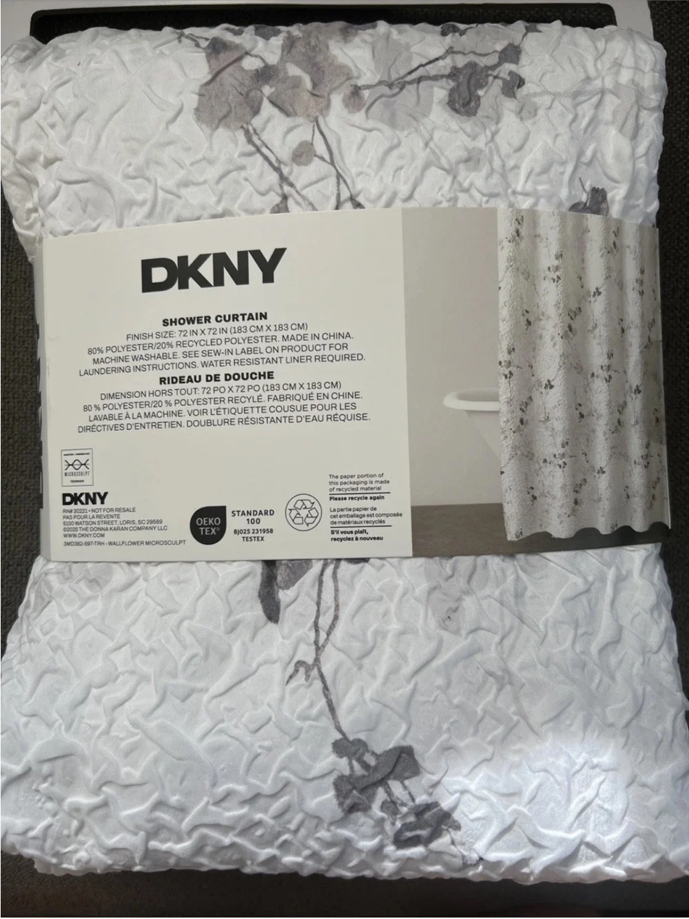 DKNY microsculpt  Shower Curtain grey floral white72x72 New